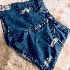Rhinestone distressed denim high waisted shorts